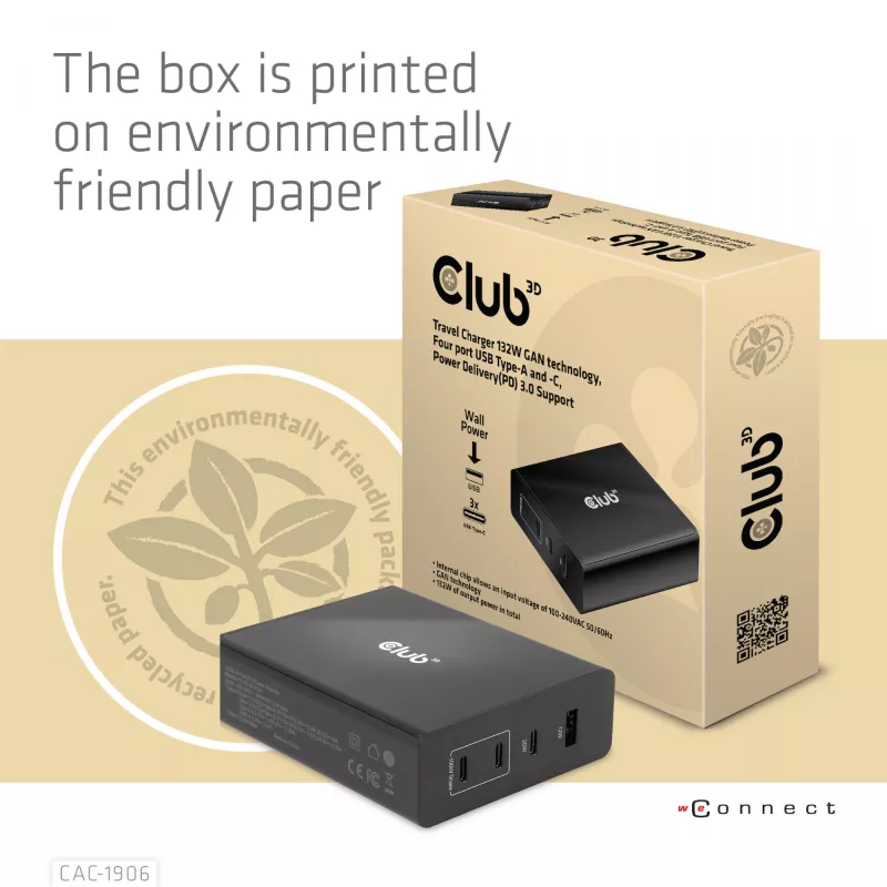 CLUB3D Reiseladegerät 132W GaN-Technologie, vier Ports USB Typ-A und -C, Power Delivery (PD) 3.0 Unterstützung