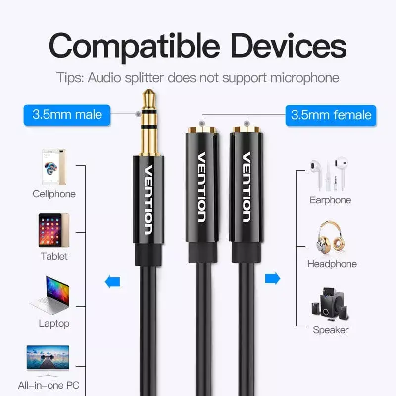 Vention 3,5mm Klinkenstecker auf 2x 3,5mm Klinkenbuchse Stereo-Splitterkabel 0,3m Schwarz ABS