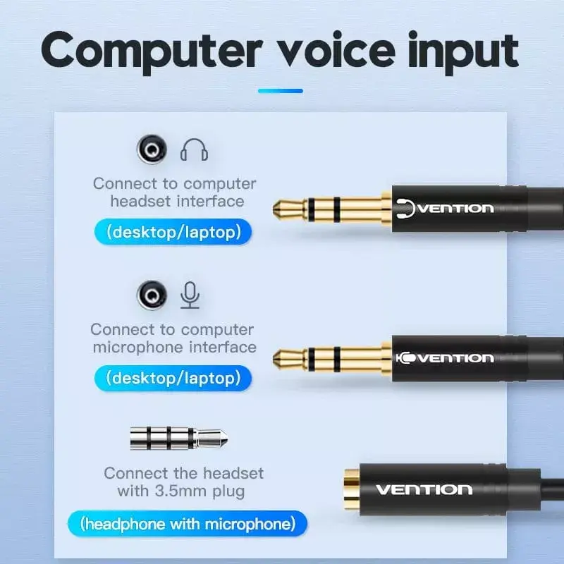 Audio-Adapterkabel Vention 2×3,5 mm Stecker auf 4‑polige 3,5 mm Buchse, 0,3 m, schwarz