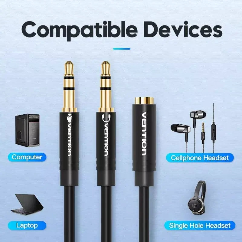 Audio-Adapterkabel Vention 2×3,5 mm Stecker auf 4‑polige 3,5 mm Buchse, 0,3 m, schwarz