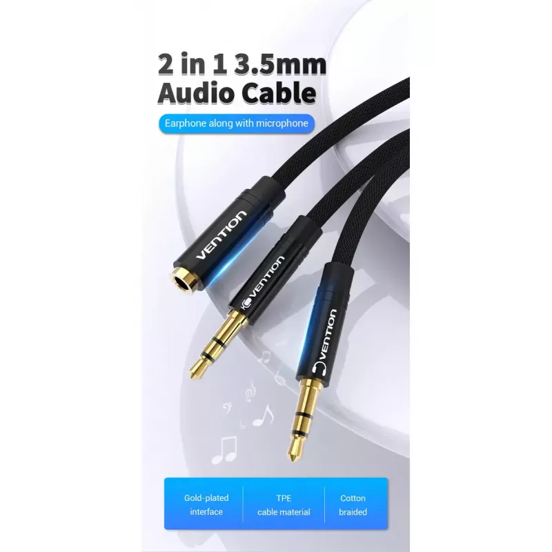 Audio-Adapterkabel Vention 2×3,5 mm Stecker auf 4‑polige 3,5 mm Buchse, 0,3 m, schwarz