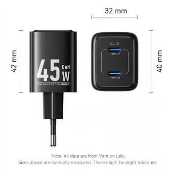 Vention FEFW0-EU AC-Schnellladegerät für den Innenbereich 45W, 2x USB-C, kompatibel mit Smartphone Laptop Tablet Smartwatch Kopfhörer, weiß