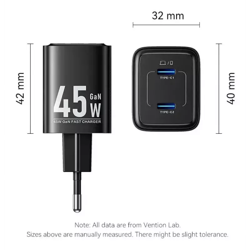 Vention FEFW0-EU AC-Schnellladegerät für den Innenbereich 45W, 2x USB-C, kompatibel mit Smartphone Laptop Tablet Smartwatch Kopfhörer, weiß