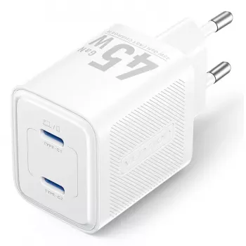 Vention FEFW0-EU AC-Schnellladegerät für den Innenbereich 45W, 2x USB-C, kompatibel mit Smartphone Laptop Tablet Smartwatch Kopfhörer, weiß
