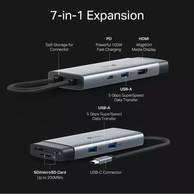USB-Typ-C-Hub TP-Link UH7021C — HDMI, USB 3.2 Gen1, USB 2.0, SD/microSD, 5000 Mbit/s, Aluminium Schwarz