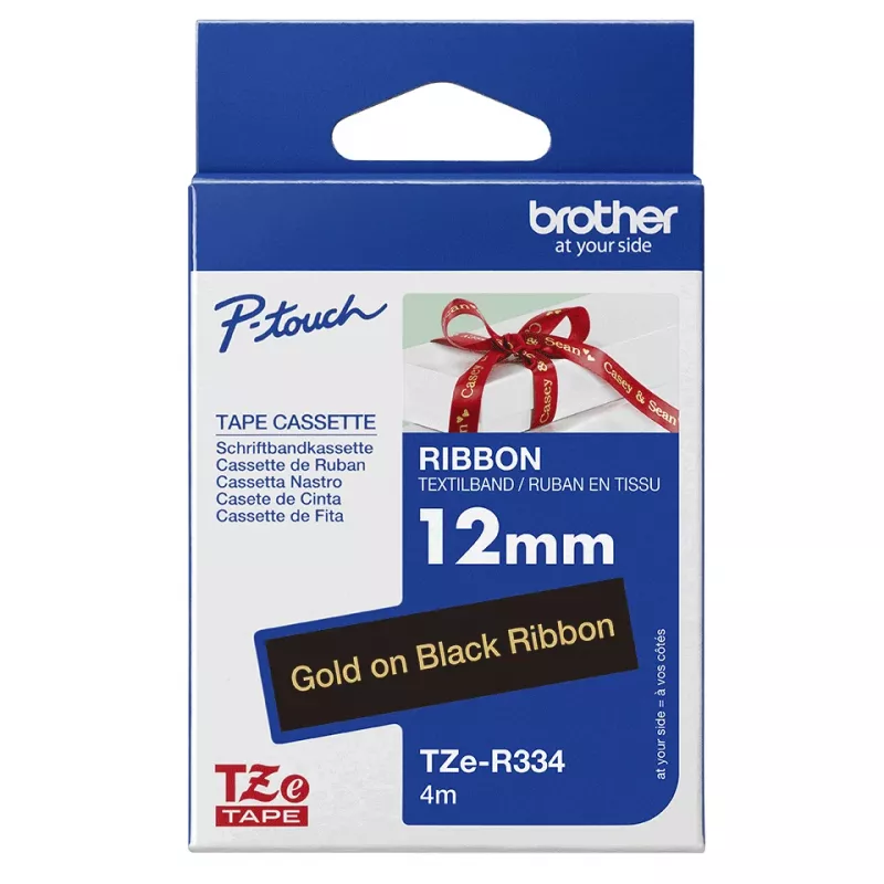 Brother TZE-R334 Beschriftungsband Gold auf Schwarz