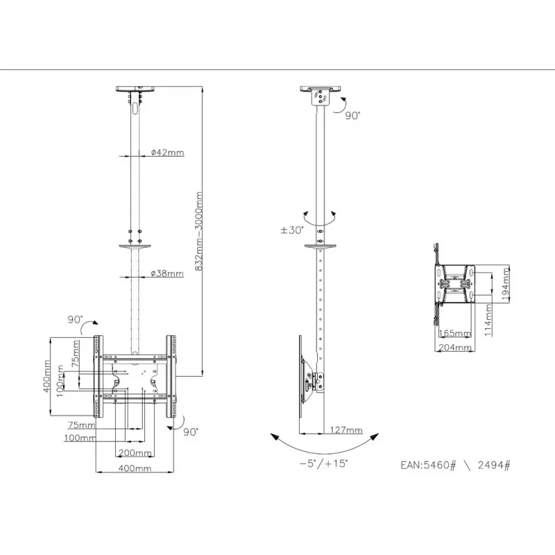 Multibrackets M Public Ceilingmount Medium Single 3000, 30 kg, 81,3 cm (32 Zoll), 139,7 cm (55 Zoll), 200 x 100 mm, 400 x 400 mm, 860 - 3130 mm