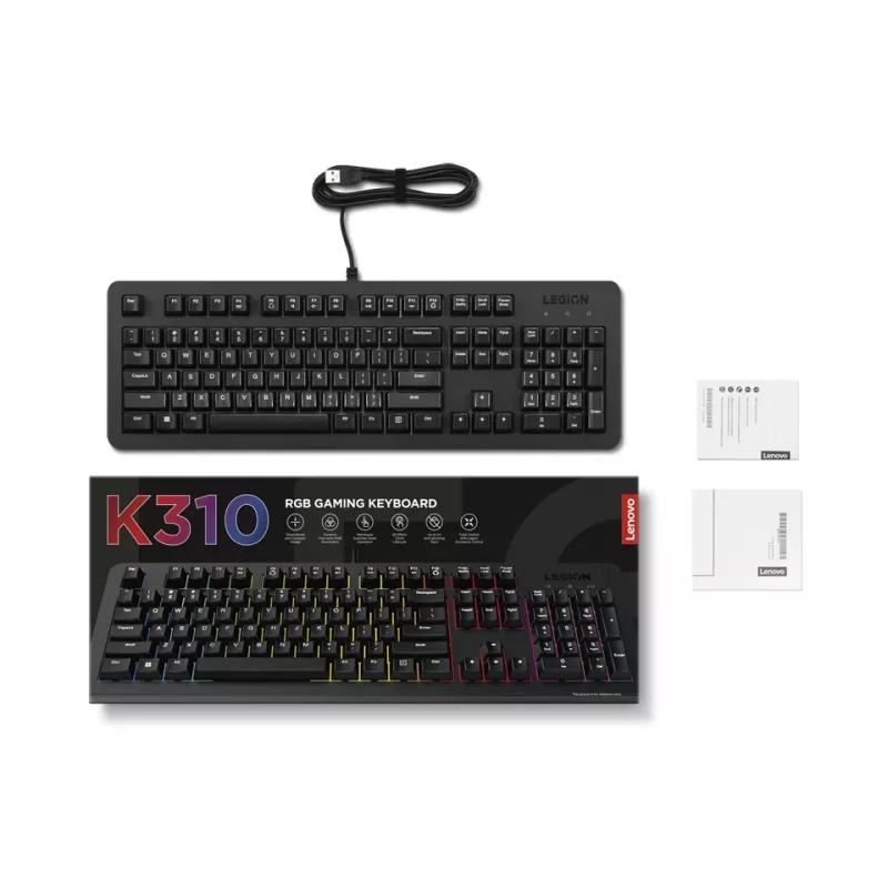 Kabelgebundene Gaming-Tastatur Lenovo K310 – Full-Size 100 %, USB, US English, RGB-Hintergrundbeleuchtung, Schwarz, 1,8 m Kabel