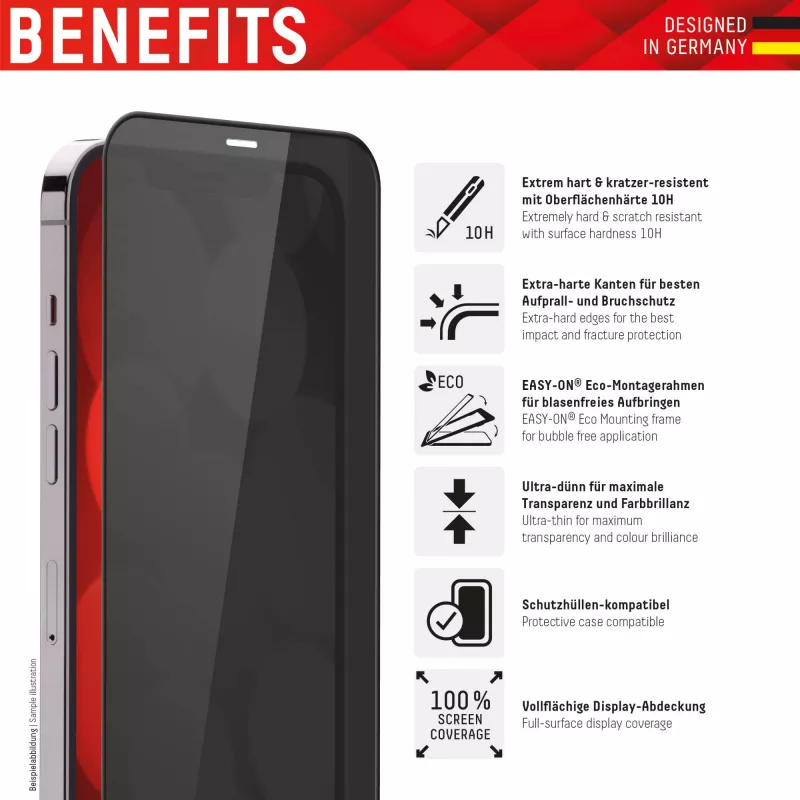 Displex Blickschutz-Displayschutz (10H) für Apple iPhone 13/13 Pro/14/16e/17e, Eco-Montagerahmen, Blickschutzfilter