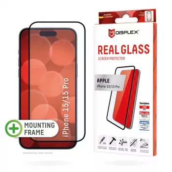 Displex Full Cover Displayschutzglas (10H) für Apple iPhone 15/15 Pro, Eco Montagerahmen, Full Cover