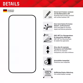 Displex Full Cover Displayschutzglas (10H) für Apple iPhone 15/15 Pro, Eco Montagerahmen, Full Cover