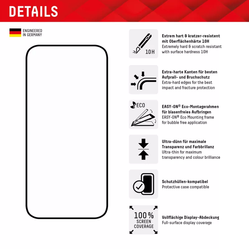 Displex Full Cover Displayschutzglas (10H) für Apple iPhone 15/15 Pro, Eco Montagerahmen, Full Cover