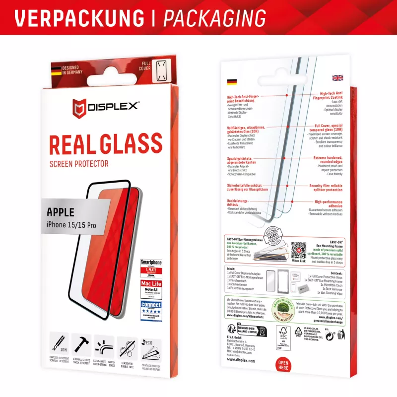 Displex Full Cover Displayschutzglas (10H) für Apple iPhone 15/15 Pro, Eco Montagerahmen, Full Cover