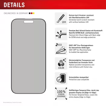 Displex Sichtschutz-Displayschutzfolie (10H) für Apple iPhone 16 Pro, Eco-Montagerahmen, Sichtschutzfilter