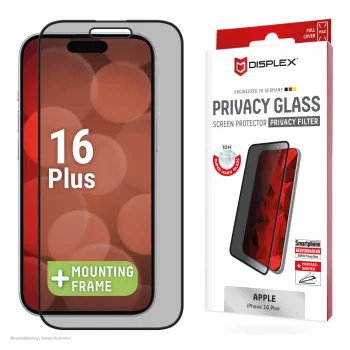 Displex Privacy Screen Protector (10H) für Apple iPhone 16 Plus, Eco Montagerahmen, Blickschutzfilter