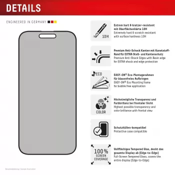 Displex Privacy Screen Protector (10H) für Apple iPhone 16 Plus, Eco Montagerahmen, Blickschutzfilter