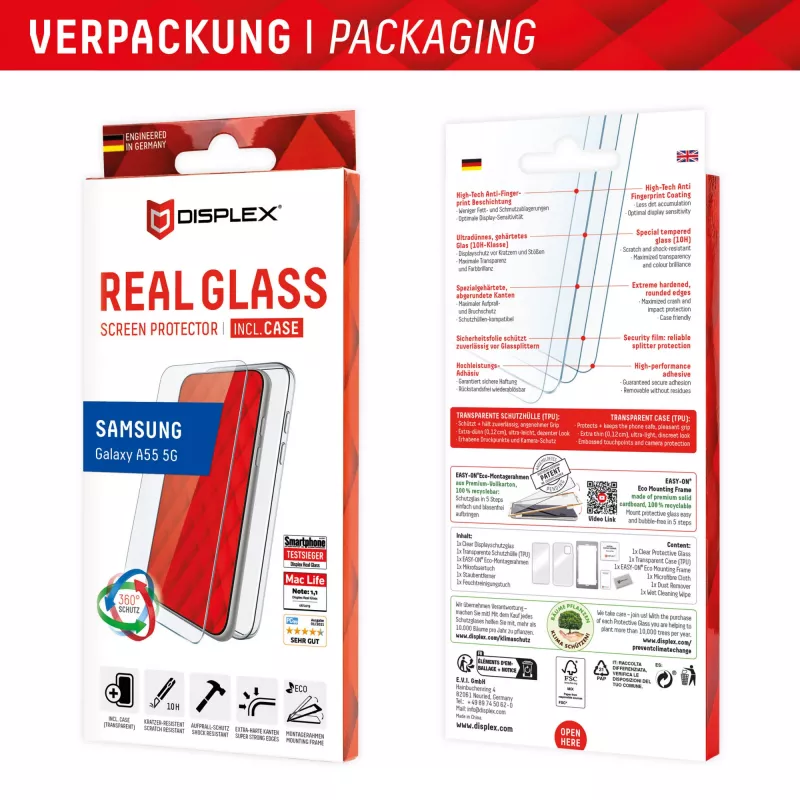 Displex Displayschutzfolie + Hülle für Samsung Galaxy A55 5G, Eco-Montagerahmen, kratzfest