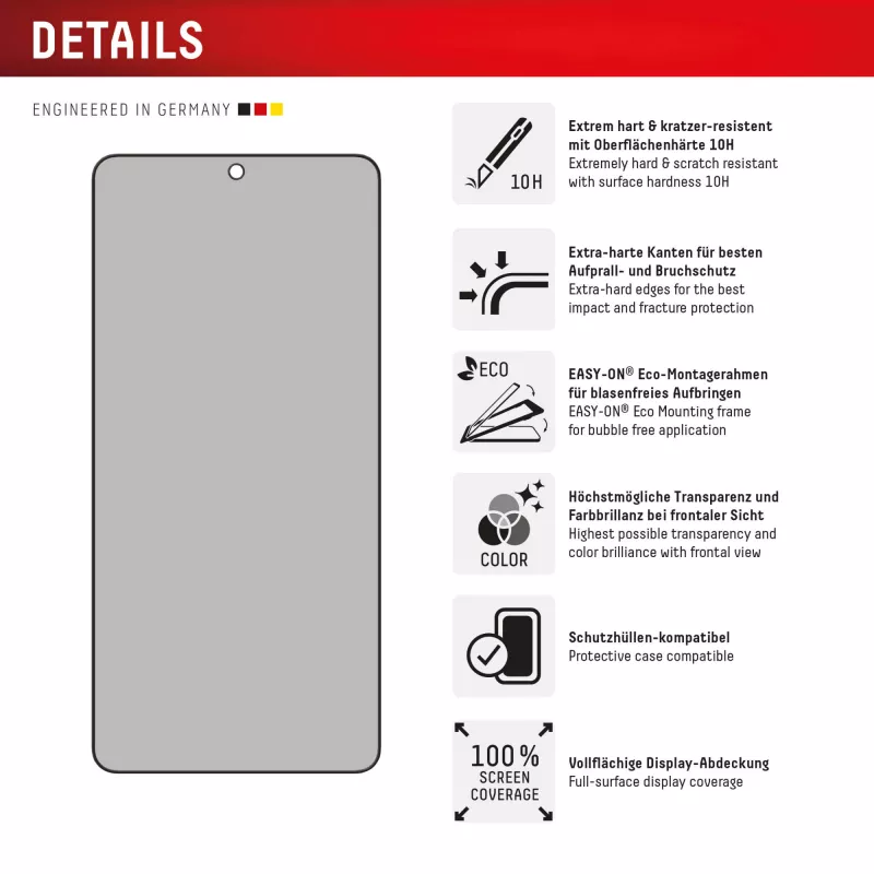 Displex Privacy Screen Protector (10H) für Samsung Galaxy S25 Edge, Eco Montagerahmen, Blickschutzfilter