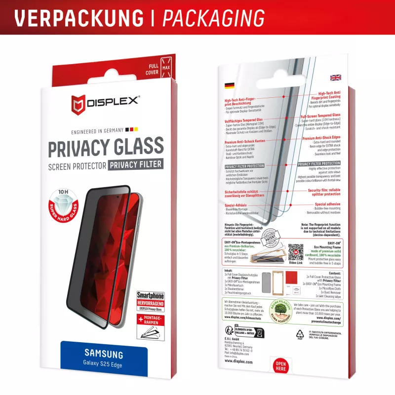 Displex Privacy Screen Protector (10H) für Samsung Galaxy S25 Edge, Eco Montagerahmen, Blickschutzfilter