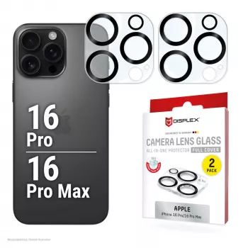 Displex Full Cover Kameraobjektivglas iPhone 16 Pro/16 Pro Max, 10H, vollständiger Kameraschutz, Schnellmontage, 2er-Pack