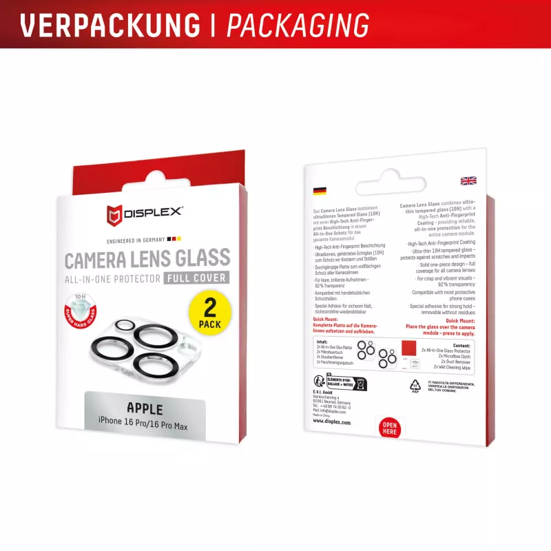 Displex Full Cover Kameraobjektivglas iPhone 16 Pro/16 Pro Max, 10H, vollständiger Kameraschutz, Schnellmontage, 2er-Pack
