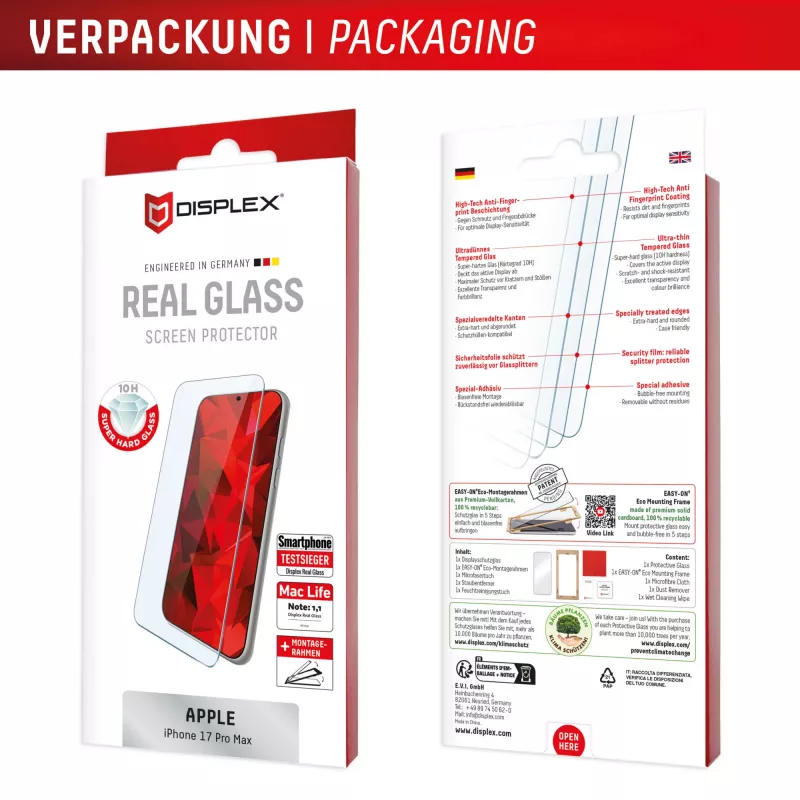 Displex Displayschutz (10H) für Apple iPhone 17/17 Pro, Eco Montagerahmen, kratzfest