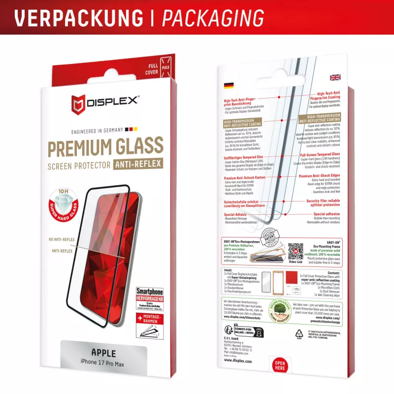 Displex Premium Screen Protector (Full Cover, 10H) für Apple iPhone 17 Pro Max, Eco Montagerahmen, Full Cover