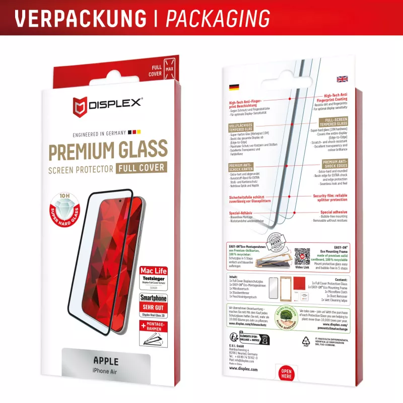 Displex Premium Schutzfolie (Vollabdeckung, 10H) für Apple iPhone Air, Eco Montagerahmen, Vollabdeckung