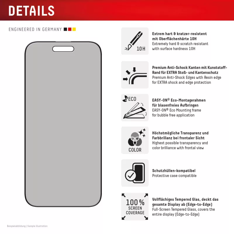 Displex Privacy Screen Protector (10H) für Apple iPhone Air, Eco Montagerahmen, Blickschutzfilter