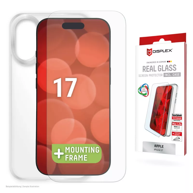 Displex Displayschutzfolie + Hülle für Apple iPhone 17, Eco Montagerahmen, kratzfest