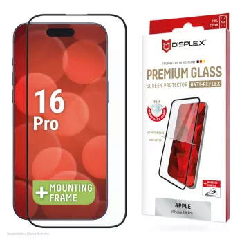 Displex Premium Anti-Reflex Screen Protector (anti-reflektive Vollabdeckung, 10H) für Apple iPhone 16 Pro, Eco-Montagerahmen, Vollabdeckung