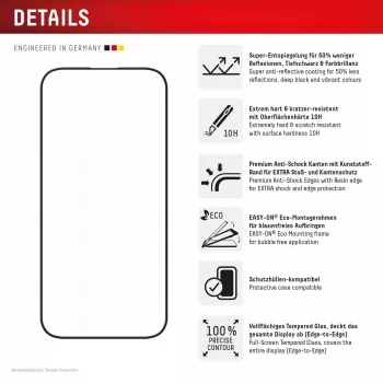 Displex Premium Anti-Reflex Screen Protector (anti-reflektive Vollabdeckung, 10H) für Apple iPhone 16 Pro, Eco-Montagerahmen, Vollabdeckung