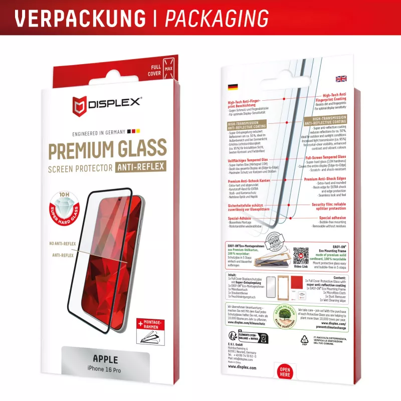 Displex Premium Anti-Reflex Screen Protector (anti-reflektive Vollabdeckung, 10H) für Apple iPhone 16 Pro, Eco-Montagerahmen, Vollabdeckung