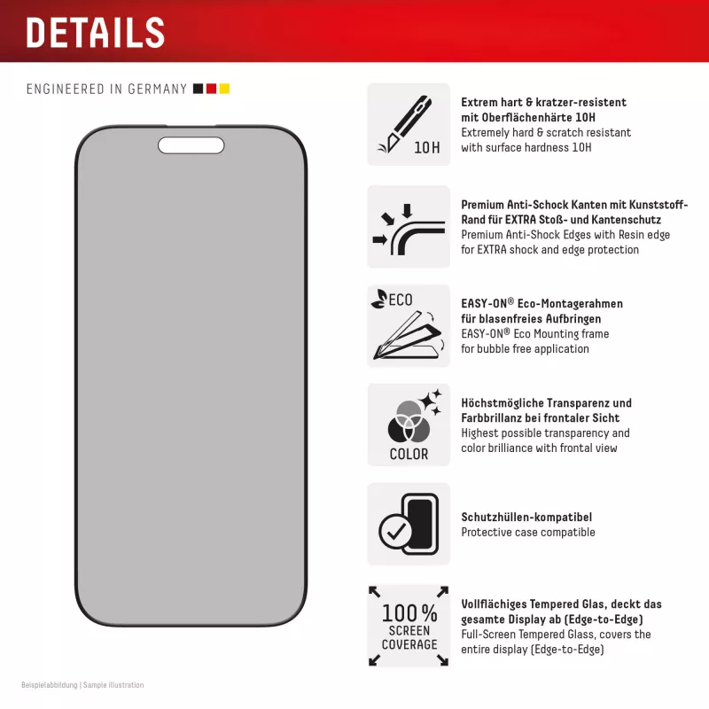 Displex Blickschutzfolie (10H) für Apple iPhone 16 Pro Max, Eco Montagerahmen, Blickschutzfilter