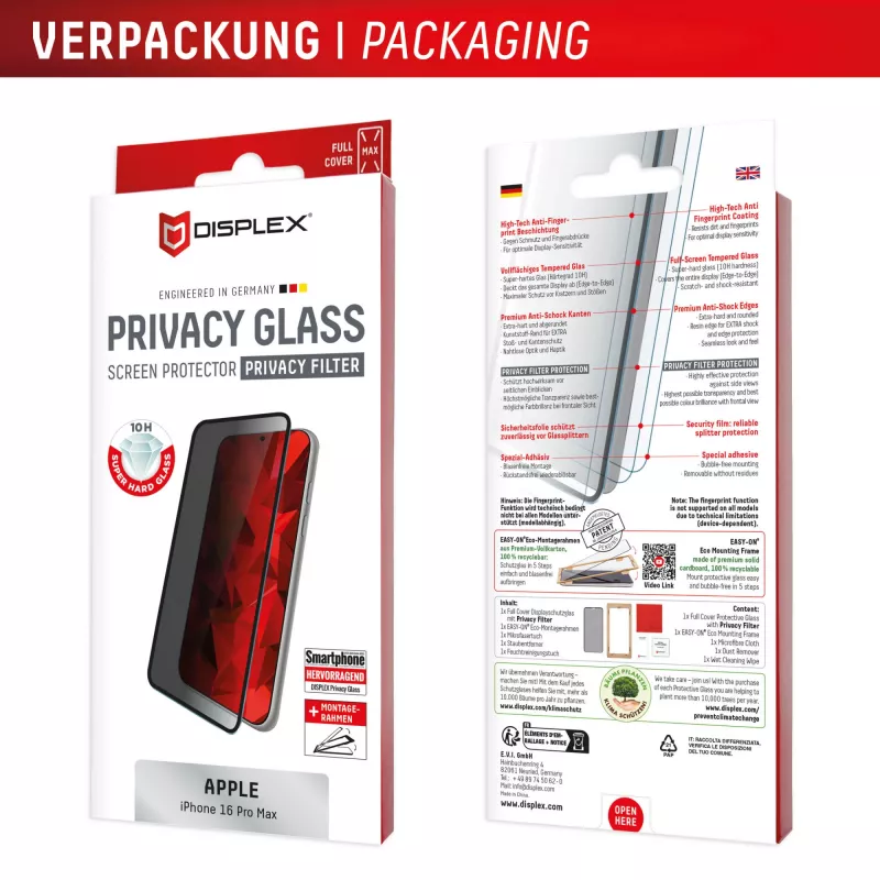 Displex Blickschutzfolie (10H) für Apple iPhone 16 Pro Max, Eco Montagerahmen, Blickschutzfilter