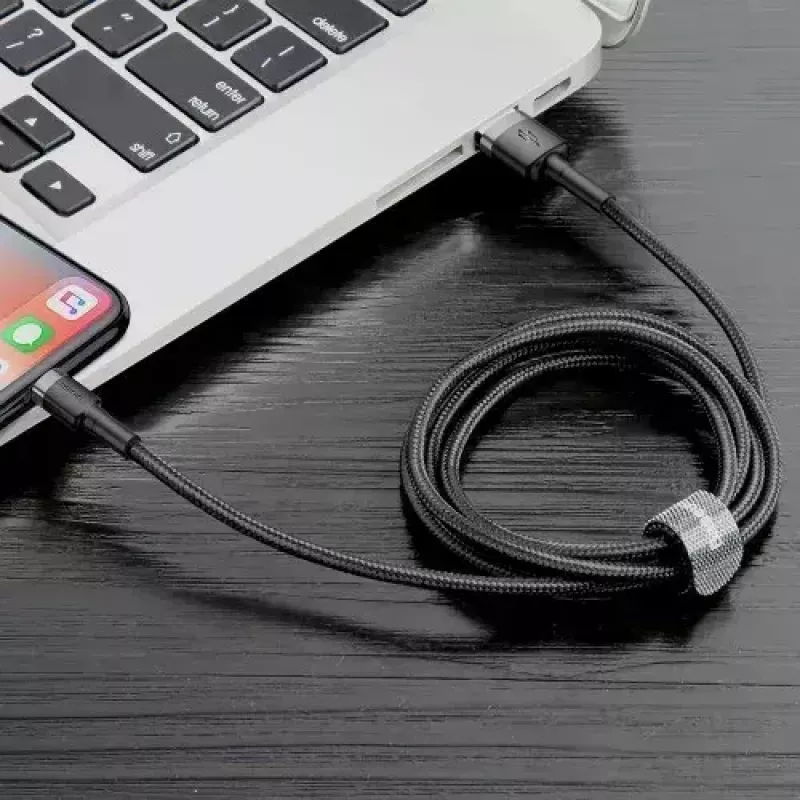 USB-A-auf-Lightning-Kabel Baseus Cafule (CALKLF-CG1) – Nylongeflecht, QC3.0 1,5 A, 2 m, Grau/Schwarz