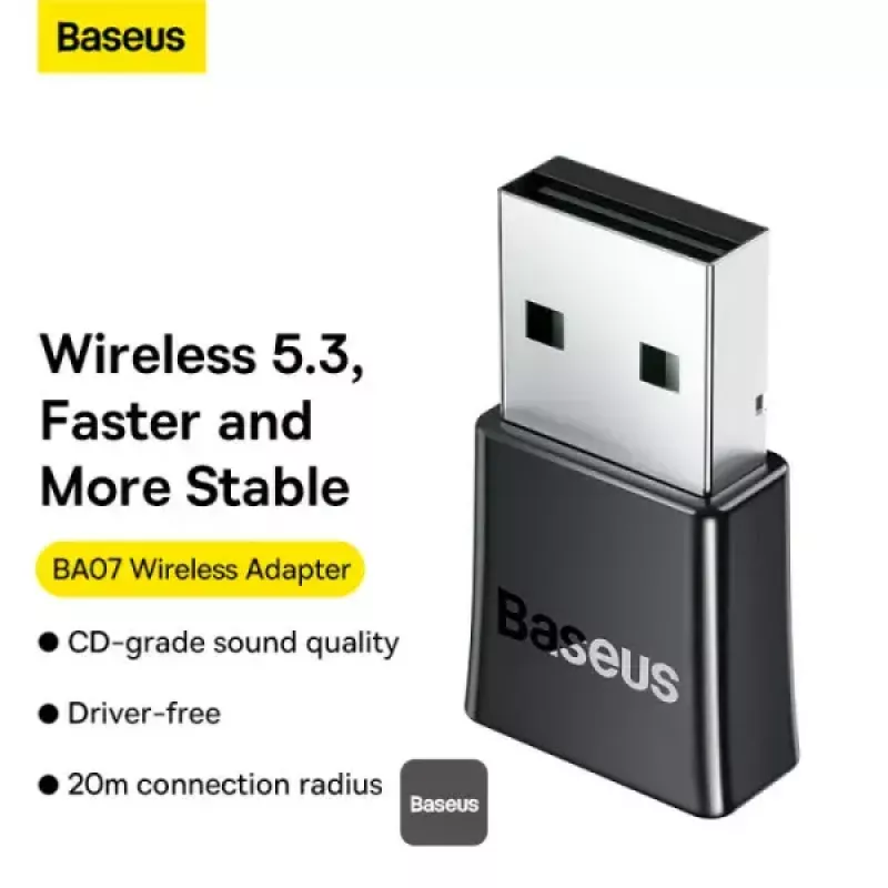 Baseus BA07 Mini Bluetooth-Adapter für PC, USB 5.3 kabelloser Bluetooth-Dongle-Empfänger - Schwarz