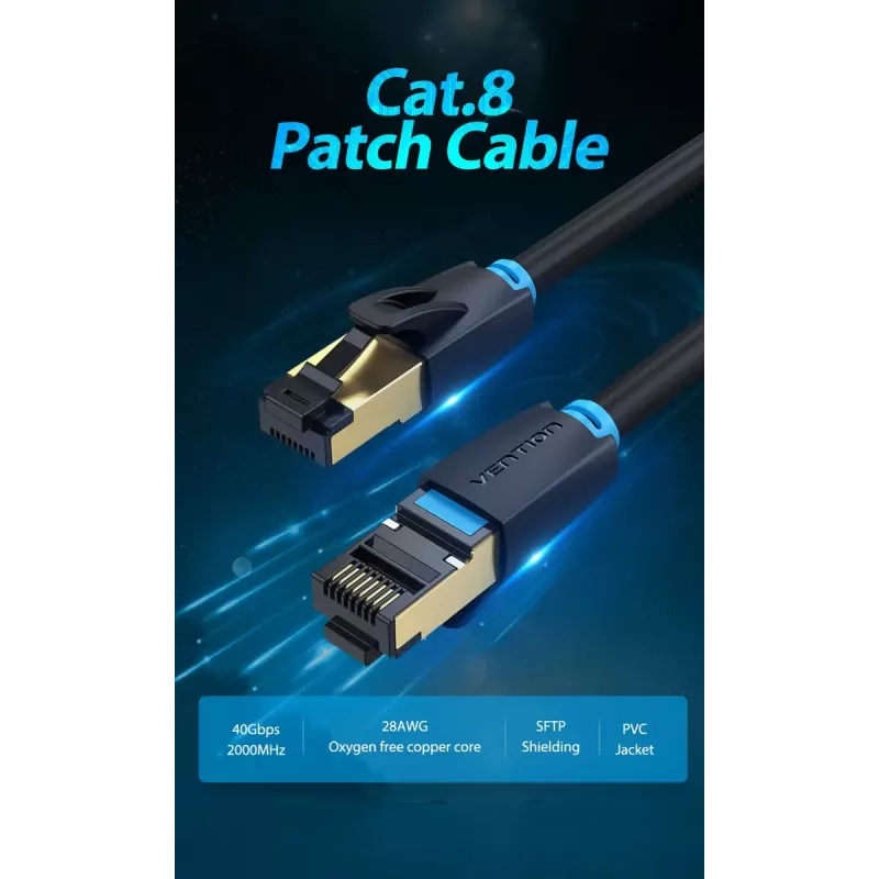 Ethernet-Patchkabel Vention Cat.8 S/FTP 1 m Schwarz RJ-45 Goldbeschichtet