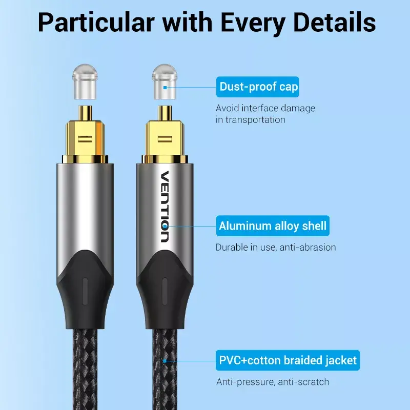 Optisches Glasfaserkabel Vention 3 m TOSLINK Stecker auf Stecker, grau, Nylonmantel, vergoldete Kontakte