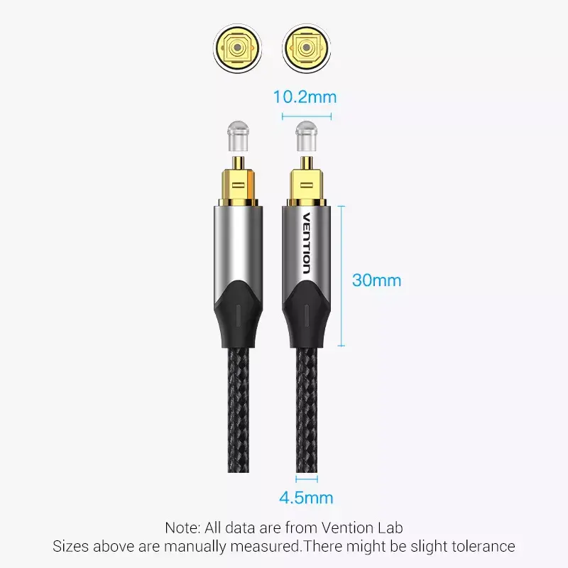 Optisches Glasfaserkabel Vention 3 m TOSLINK Stecker auf Stecker, grau, Nylonmantel, vergoldete Kontakte