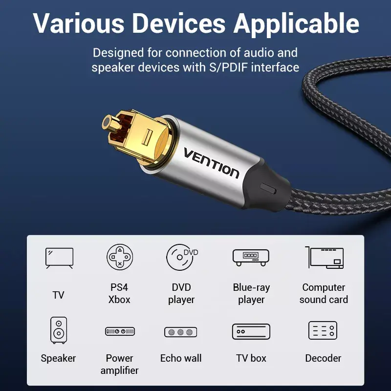 Optisches Glasfaserkabel Vention 3 m TOSLINK Stecker auf Stecker, grau, Nylonmantel, vergoldete Kontakte