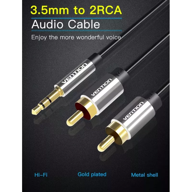 Audiokabel Vention 3,5 mm Klinke auf 2× Cinch-Stecker, 3 m, schwarz, vergoldete Kontakte