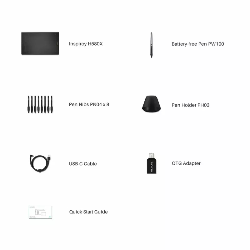 Grafiktablett HUION Inspiroy H580X — aktive Fläche 8,5×5,0 Zoll, 5080 LPI, 8192 Druckstufen, 8 programmierbare Tasten, USB-C