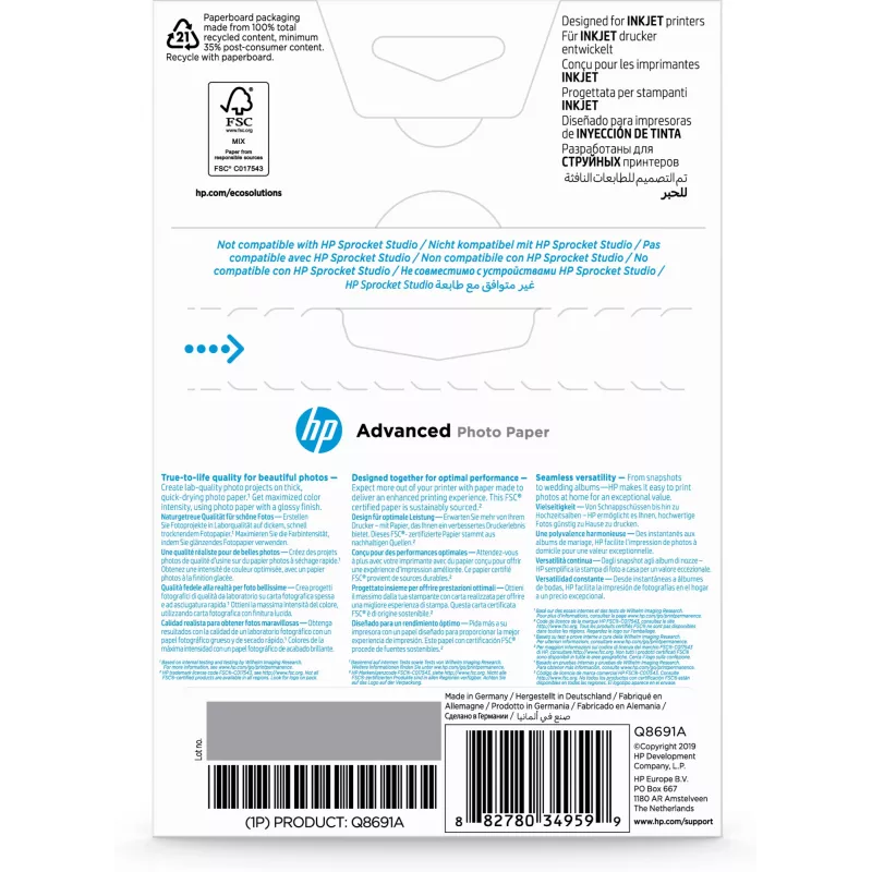 HP Advanced Photo Paper Glossy 250 g/m2 10 x 15 cm (101 x 152 mm) 25 Blatt