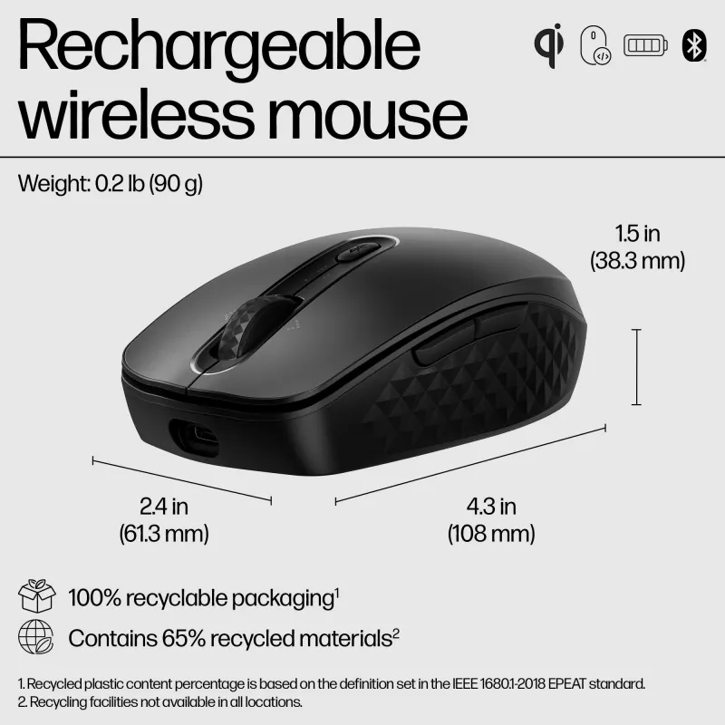 HP 695 Wiederaufladbare kabellose Maus, beidhändig, Bluetooth, 4000 DPI, Schwarz