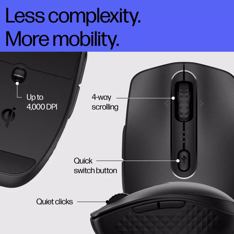 HP 695 Wiederaufladbare kabellose Maus, beidhändig, Bluetooth, 4000 DPI, Schwarz
