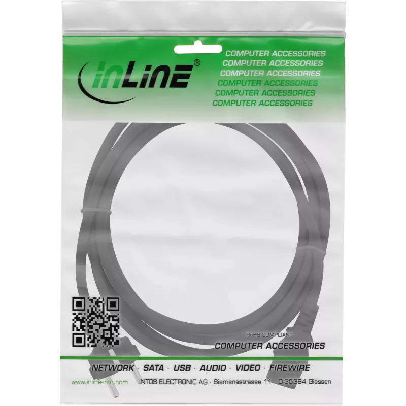 InLine Netzkabel, CEE 7/7 gerade / 3-polig IEC C13 Stecker, schwarz, 3 m