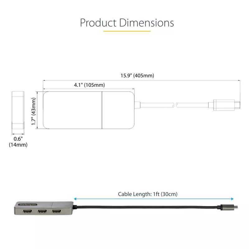 StarTech.com 3-Port USB-C MST Hub – USB Typ-C auf 3x HDMI Multi-Monitor-Adapter für Laptop – Triple HDMI bis zu 4K 60Hz mit DP 1.4 Alt Mode & DSC – HDR – 30 cm Kabel – nur Windows