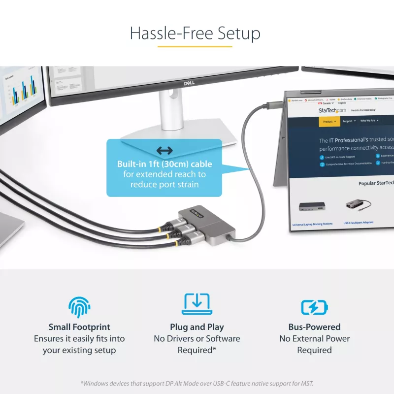 StarTech.com 3-Port USB-C MST Hub – USB Typ-C auf 3x HDMI Multi-Monitor-Adapter für Laptop – Triple HDMI bis zu 4K 60Hz mit DP 1.4 Alt Mode & DSC – HDR – 30 cm Kabel – nur Windows