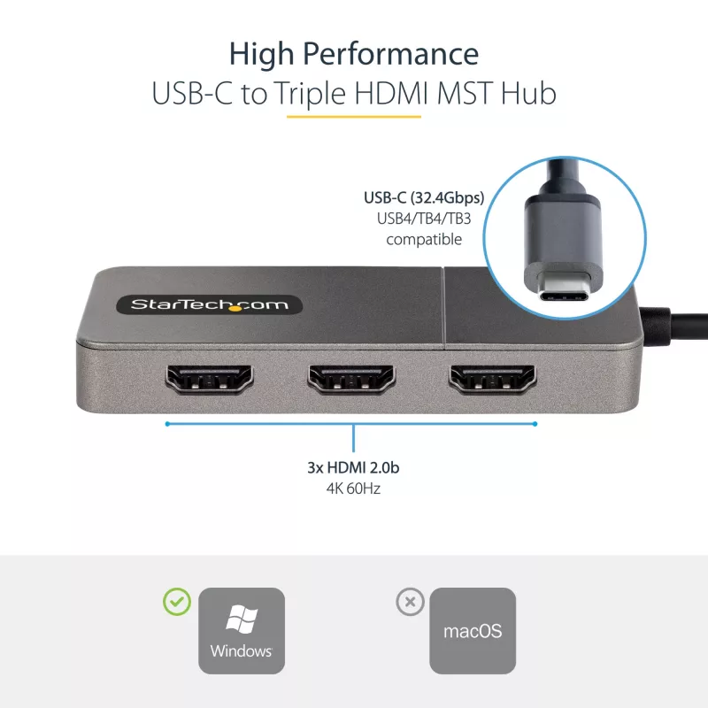 StarTech.com 3-Port USB-C MST Hub – USB Typ-C auf 3x HDMI Multi-Monitor-Adapter für Laptop – Triple HDMI bis zu 4K 60Hz mit DP 1.4 Alt Mode & DSC – HDR – 30 cm Kabel – nur Windows